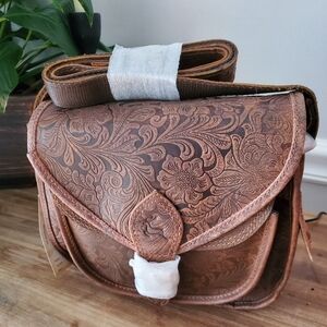 Embossed Brown Leather Saddle Bag purse
